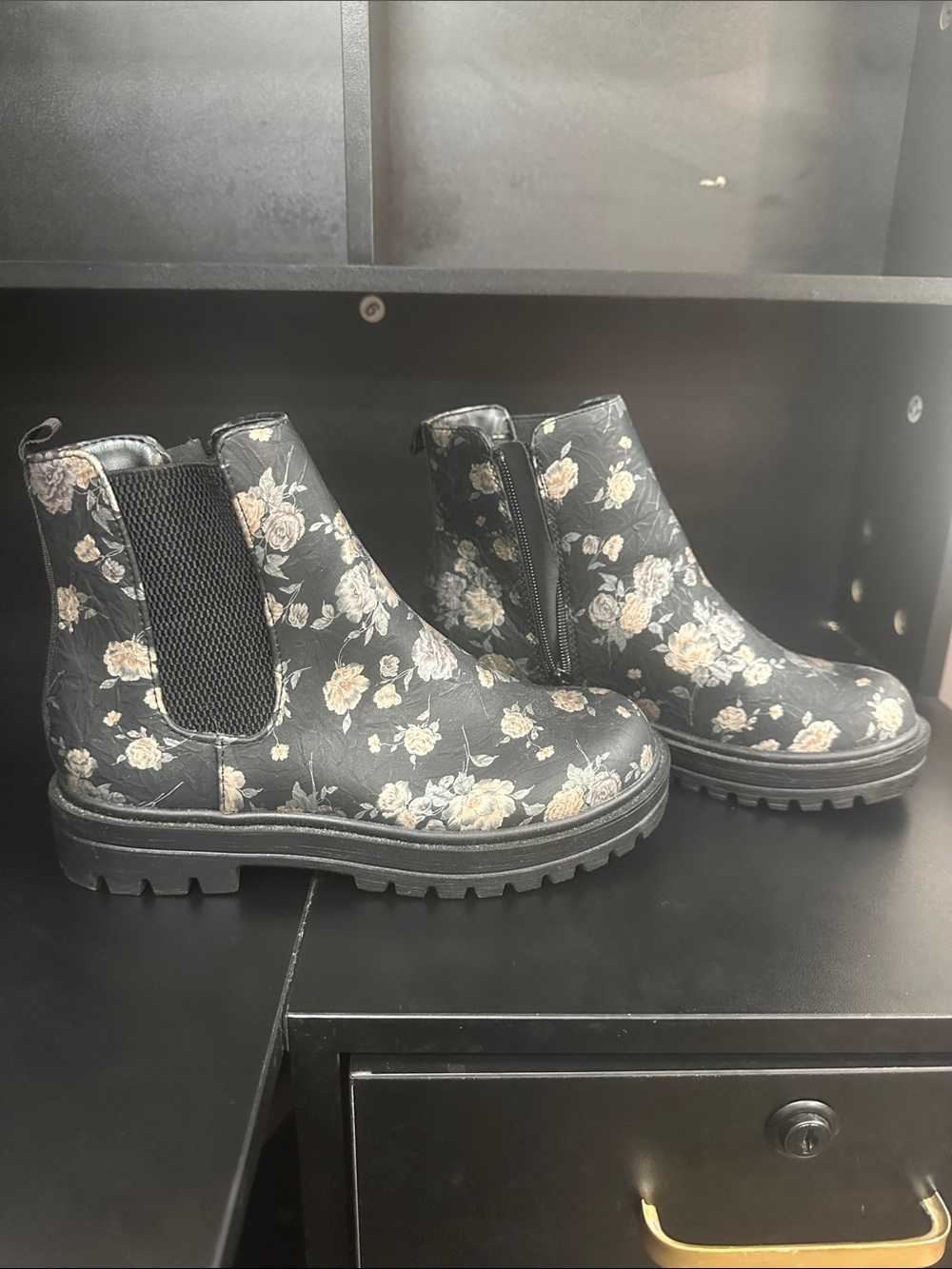 Soda Black Floral Chelsea Ankle Boots with Cream Roses